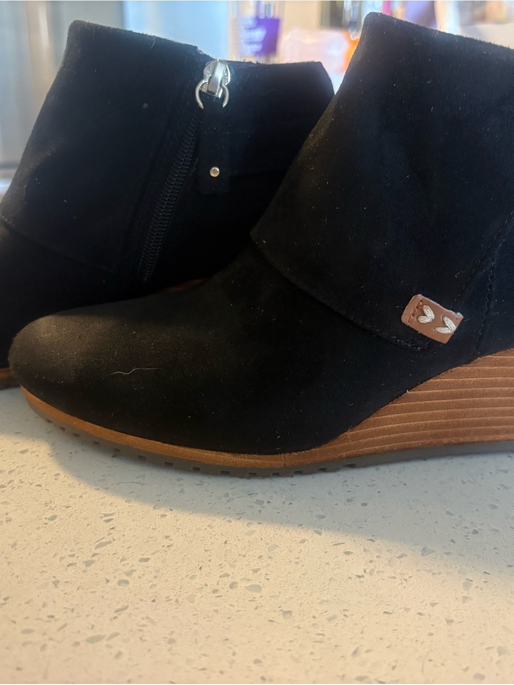 Dr. Scholl's Black Suede Wedge Ankle Booties with Tan Wedge
